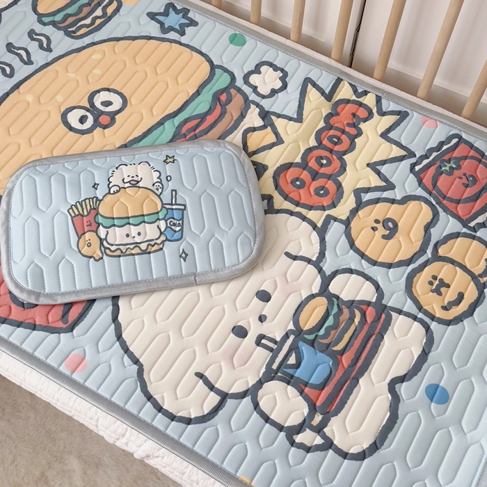 91家纺网 家纺一手货源 找家纺 美乐迪家纺 2025新款儿童乳胶凉席 汉堡小狗