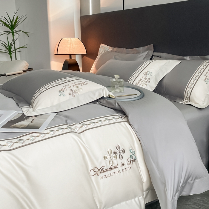 91家纺网 家纺一手货源 找家纺 桃园 2025新款全棉长绒棉刺绣绣花四件套-西西里系列 绅士灰