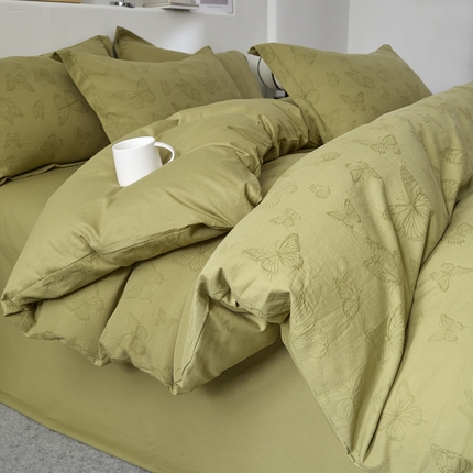七七家纺 新款提花双层纱全棉四件套 蝶舞橄榄绿