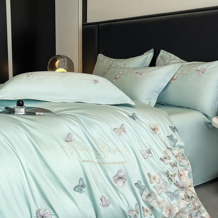 91家纺网 家纺一手货源 找家纺 欧乐蒂 2025新款A类亲肤棉刺绣四件套-蝶舞 蝶舞-茶绿