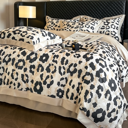 91家纺网 家纺一手货源 找家纺 首尔家纺 2025新款数码冰丝宽边系列四件套 冰丝-豹纹咖