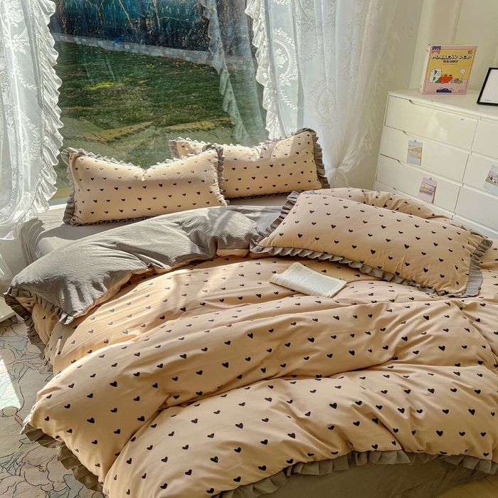 91家纺网 家纺一手货源 找家纺 欧尚 2025新款针织棉双层纱四件套 灰爱心