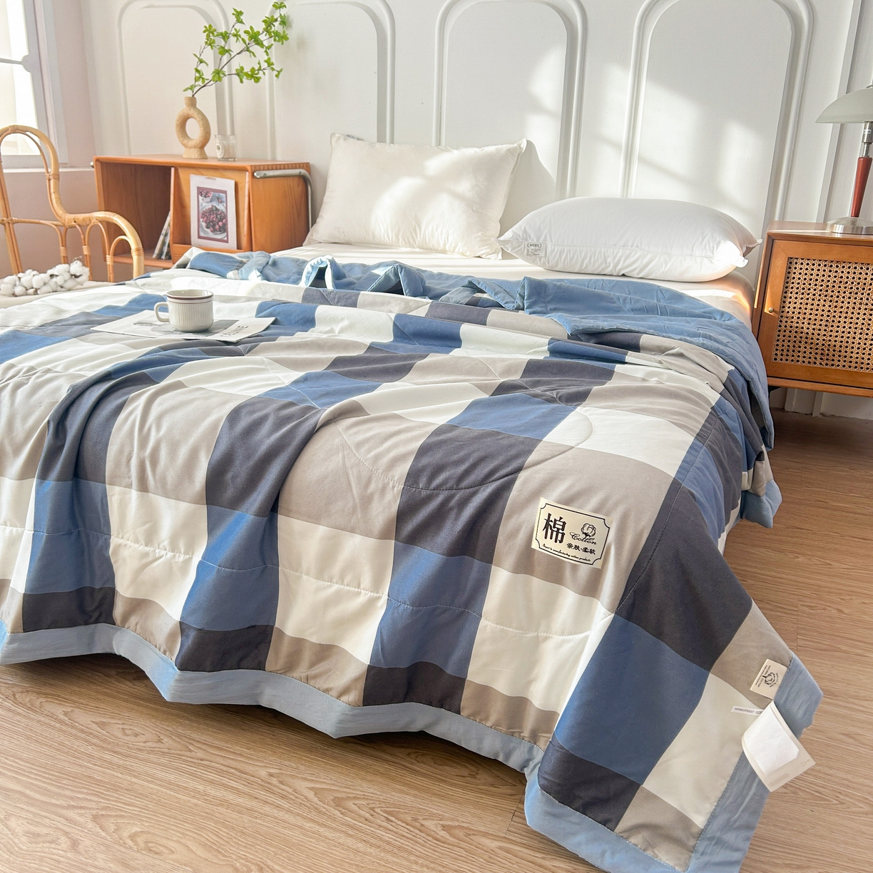 91家纺网 家纺一手货源 找家纺 佰丝居 2025新款A类水洗棉夏被100%新疆棉花被空调被夏凉被 蓝大格