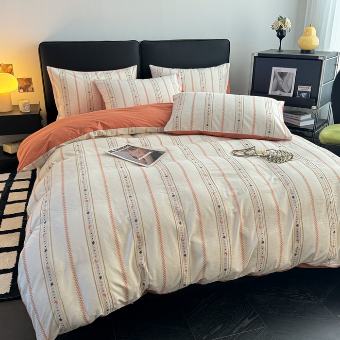 91家纺网 家纺一手货源 找家纺 简宜家居（朝初家纺） 2025新款40支全棉提花四件套（简川-星辰系列） 星辰-橘红