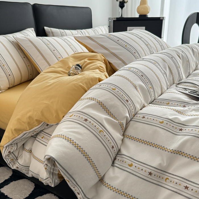 91家纺网 家纺一手货源 找家纺 简宜家居（朝初家纺） 2025新款40支全棉提花四件套（简川-星辰系列） 星辰-暖黄