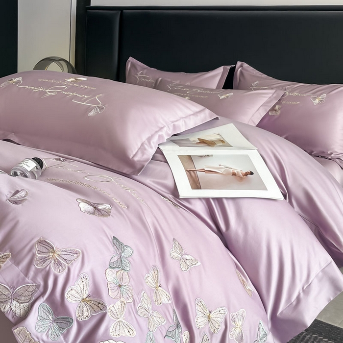 91家纺网 家纺一手货源 找家纺 欧乐蒂 2025新款A类亲肤棉刺绣四件套-蝶舞 蝶舞-黛紫