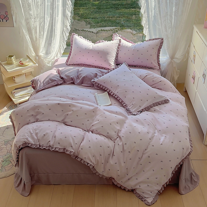 91家纺网 家纺一手货源 找家纺 欧尚 2025新款针织棉双层纱四件套 洁美紫