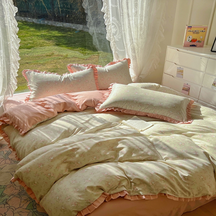 91家纺网 家纺一手货源 找家纺 欧尚 2025新款针织棉双层纱四件套 花开洁语