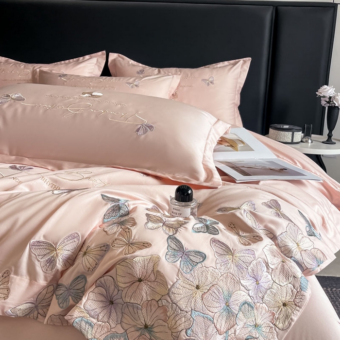 91家纺网 家纺一手货源 找家纺 欧乐蒂 2025新款A类亲肤棉刺绣四件套-蝶舞 蝶舞-颜粉