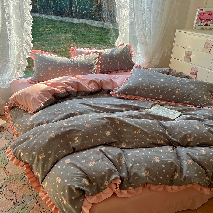 91家纺网 家纺一手货源 找家纺 欧尚 2025新款针织棉双层纱四件套 萌趣仔仔