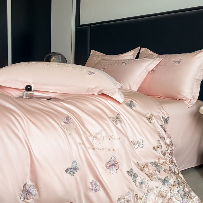 91家纺网 家纺一手货源 找家纺 欧乐蒂 2025新款A类亲肤棉刺绣四件套-蝶舞 蝶舞-颜粉