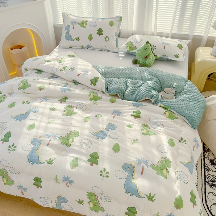 91家纺网 家纺一手货源 找家纺 佰丝居 2025新款A类水洗棉双层纱豆豆被100%新疆棉花被夏被 恐龙星球