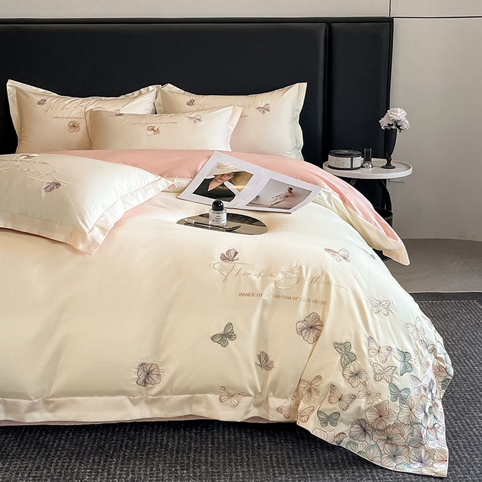 91家纺网 家纺一手货源 找家纺 欧乐蒂 2025新款A类亲肤棉刺绣四件套-蝶舞 蝶舞-白桃