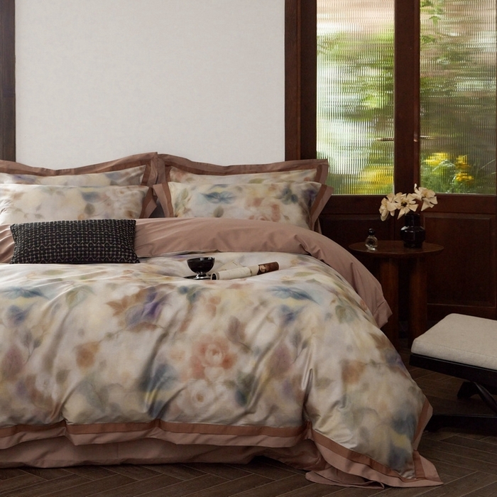 91家纺网 家纺一手货源 找家纺 由丽家纺 2025新款数码印花四件套 花芳霞-桔