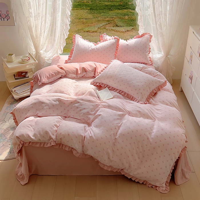 91家纺网 家纺一手货源 找家纺 欧尚 2025新款针织棉双层纱四件套 洁美粉