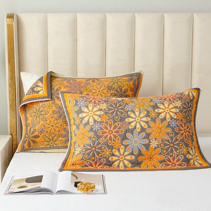 91家纺网 家纺一手货源 找家纺 朴尔家纺-毛巾被 2025新款全棉四层纱布色织提花宽边时尚枕巾 繁花似锦-黄