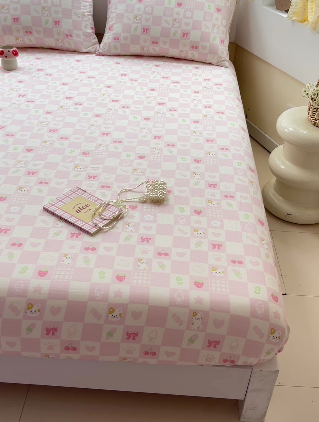 91家纺网 家纺一手货源 找家纺 名兮家居 2025新款全棉双层纱床笠 双层纱-格子喵