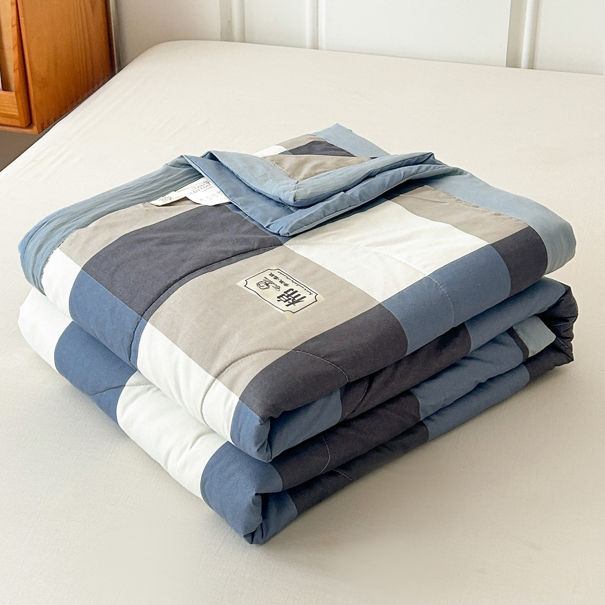 91家纺网 家纺一手货源 找家纺 佰丝居 2025新款A类水洗棉夏被100%新疆棉花被空调被夏凉被 蓝大格