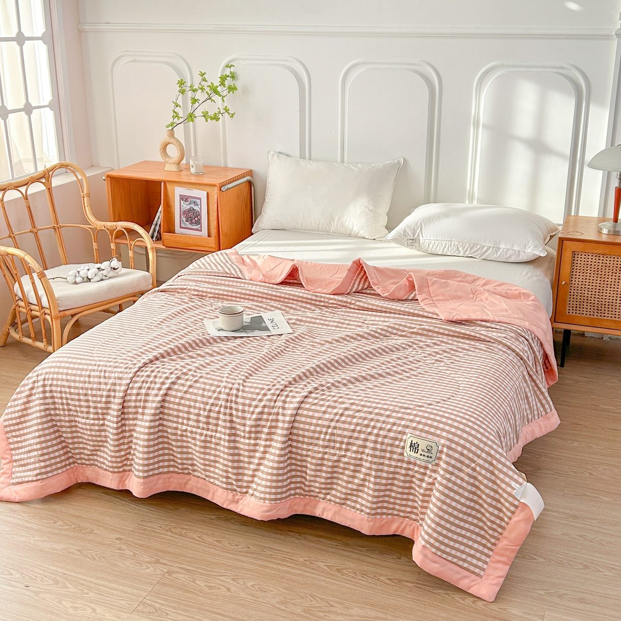 91家纺网 家纺一手货源 找家纺 佰丝居 2025新款A类水洗棉夏被100%新疆棉花被空调被夏凉被 粉小格