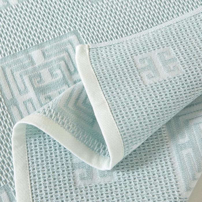 91家纺网 家纺一手货源 找家纺 朴尔家纺-毛巾被 2025新款全棉纱布蜂窝结构系列枕巾 魔方印-水绿