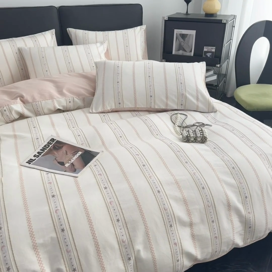 91家纺网 家纺一手货源 找家纺 简宜家居（朝初家纺） 2025新款40支全棉提花四件套（简川-星辰系列） 星辰-樱花粉