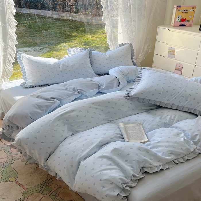 91家纺网 家纺一手货源 找家纺 欧尚 2025新款针织棉双层纱四件套 洁美蓝