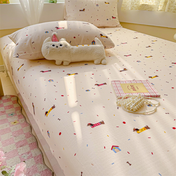 91家纺网 家纺一手货源 找家纺 名兮家居 2025新款全棉双层纱床笠 双层纱-辣条狗