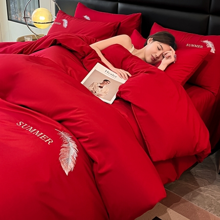 91家纺网 家纺一手货源 找家纺 （总）火麒麟 2025新款亲肤水洗棉轻奢刺绣四件套-彩羽系列