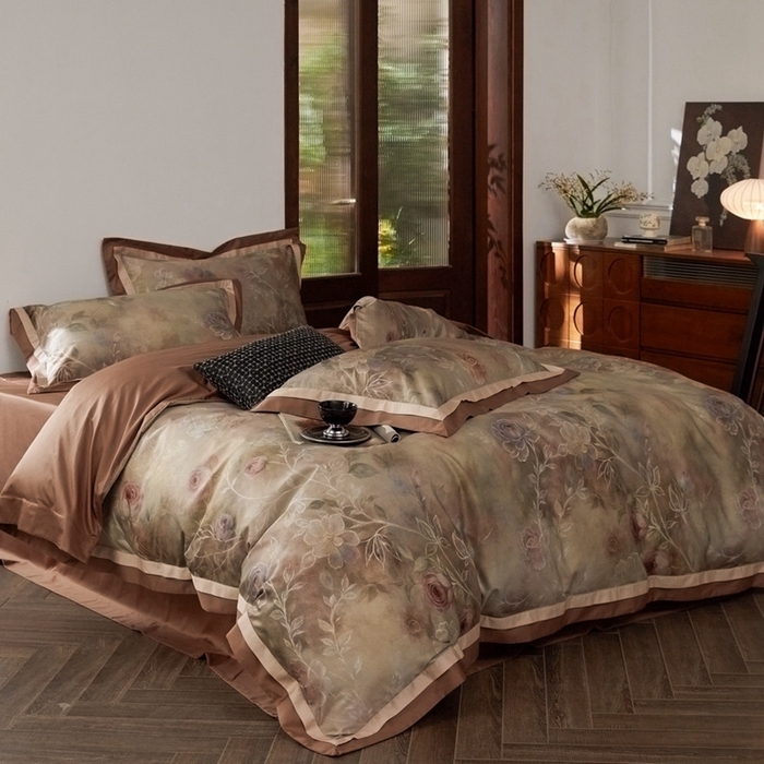 91家纺网 家纺一手货源 找家纺 由丽家纺 2025新款数码印花四件套 素芳-桔