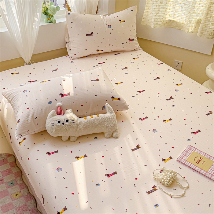 91家纺网 家纺一手货源 找家纺 名兮家居 2025新款全棉双层纱床笠 双层纱-辣条狗