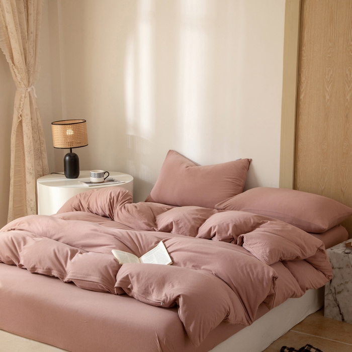 91家纺网 家纺一手货源 找家纺 梦可莱家居 2025春夏新品全棉针织棉纯色系列 树莓粉