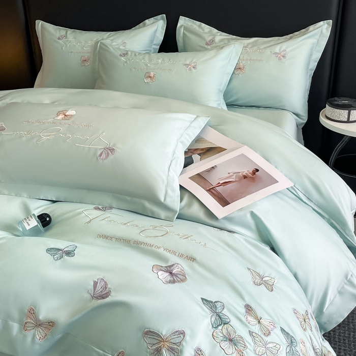 91家纺网 家纺一手货源 找家纺 欧乐蒂 2025新款A类亲肤棉刺绣四件套-蝶舞 蝶舞-茶绿