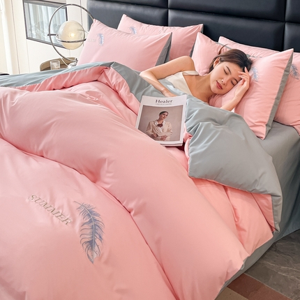 91家纺网 家纺一手货源 找家纺 （总）火麒麟 2025新款亲肤水洗棉轻奢刺绣四件套-彩羽系列