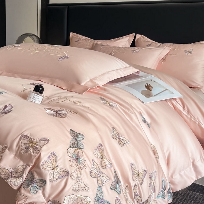 91家纺网 家纺一手货源 找家纺 欧乐蒂 2025新款A类亲肤棉刺绣四件套-蝶舞 蝶舞-颜粉