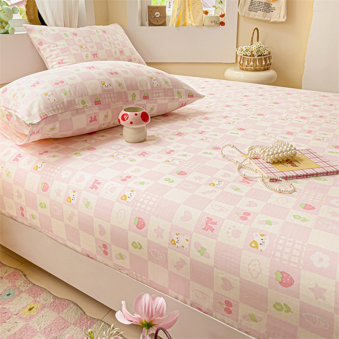 91家纺网 家纺一手货源 找家纺 名兮家居 2025新款全棉双层纱床笠 双层纱-格子喵