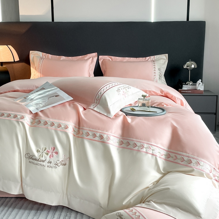 91家纺网 家纺一手货源 找家纺 桃园 2025新款全棉长绒棉刺绣绣花四件套-西西里系列 轻奢粉