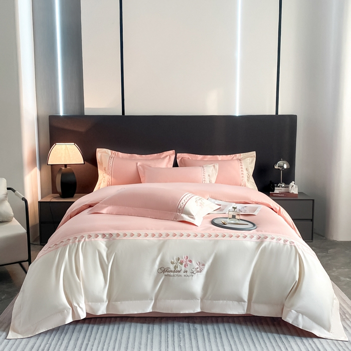 91家纺网 家纺一手货源 找家纺 桃园 2025新款全棉长绒棉刺绣绣花四件套-西西里系列 轻奢粉