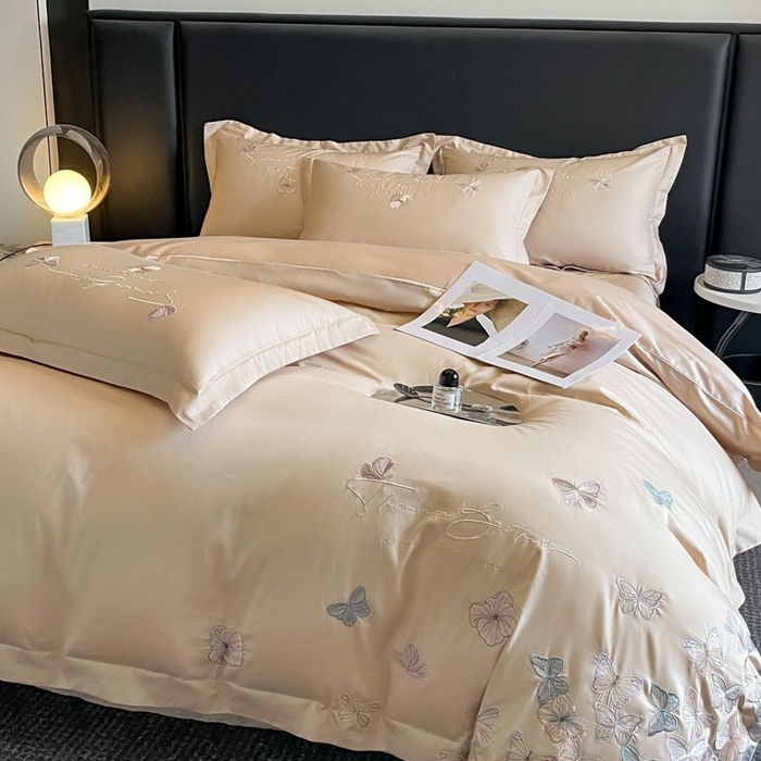 91家纺网 家纺一手货源 找家纺 欧乐蒂 2025新款A类亲肤棉刺绣四件套-蝶舞 蝶舞-金咖