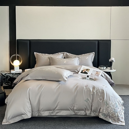 欧乐蒂 2025新款A类亲肤棉刺绣四件套-蝶舞 蝶舞-夜灰