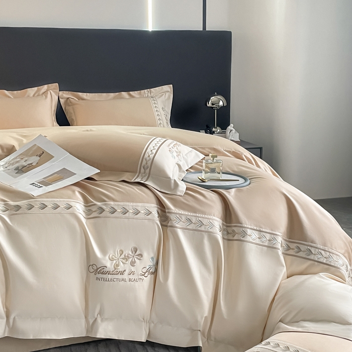 91家纺网 家纺一手货源 找家纺 桃园 2025新款全棉长绒棉刺绣绣花四件套-西西里系列 香槟