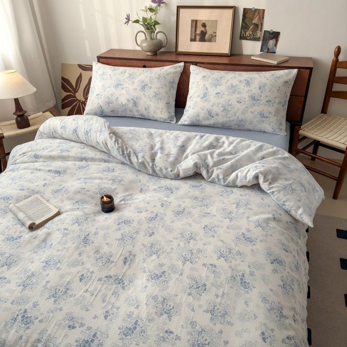 91家纺网 家纺一手货源 找家纺 典曼家纺 2025新款双层纱小清新印花四件套-床拍 浮绘花影