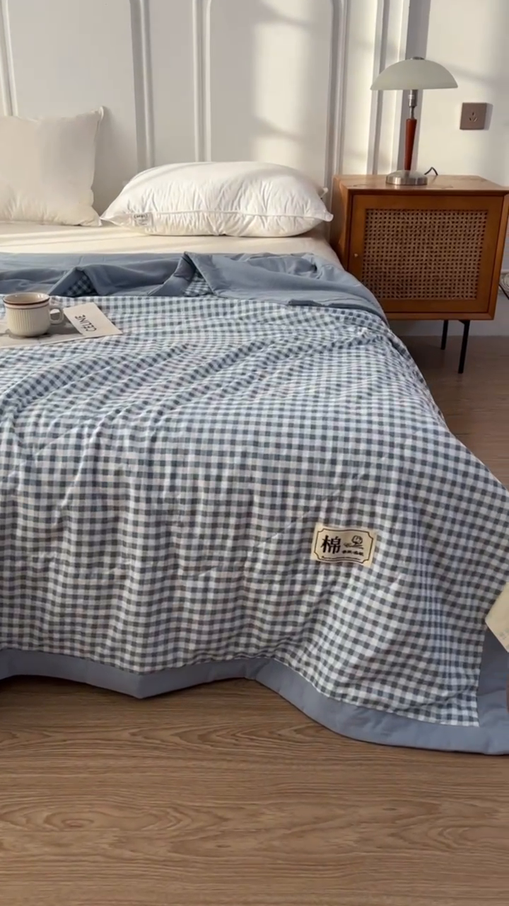 91家纺网 家纺一手货源 找家纺 佰丝居 2025新款A类水洗棉夏被100%新疆棉花被空调被夏凉被 蓝小格