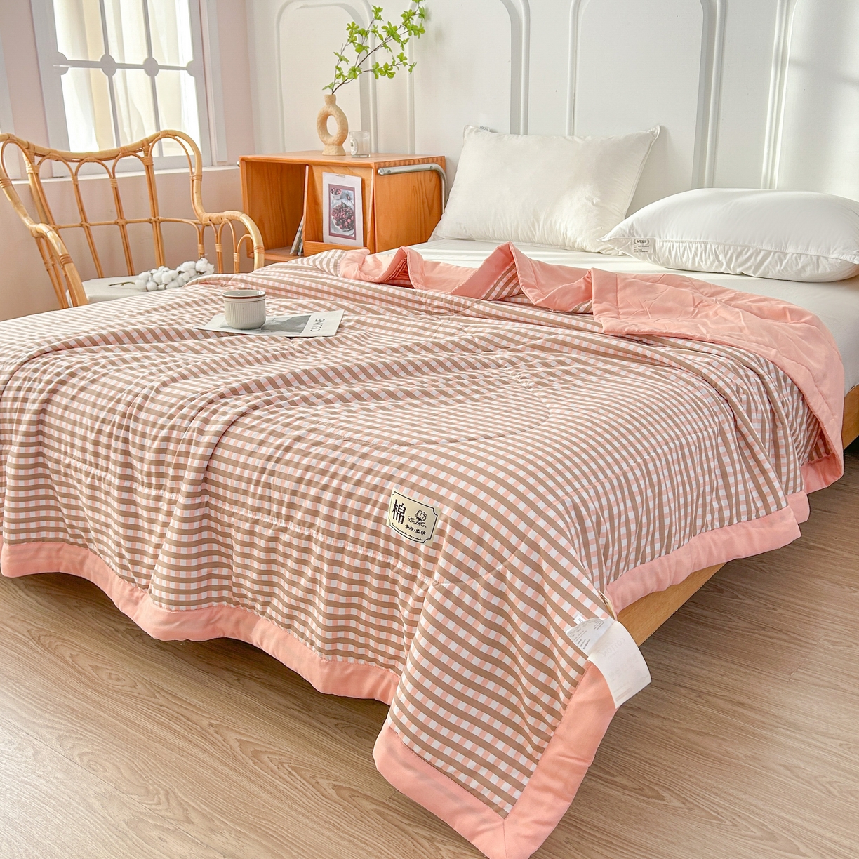 91家纺网 家纺一手货源 找家纺 佰丝居 2025新款A类水洗棉夏被100%新疆棉花被空调被夏凉被 粉小格