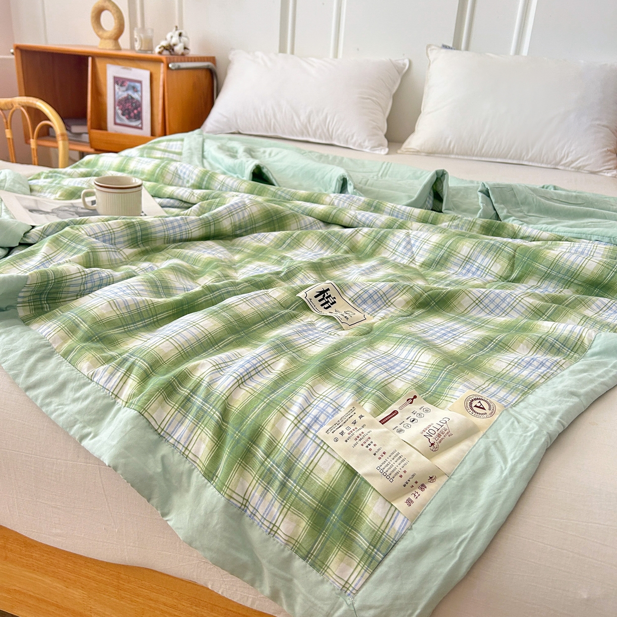 91家纺网 家纺一手货源 找家纺 佰丝居 2025新款A类水洗棉夏被100%新疆棉花被空调被夏凉被 雅致绿