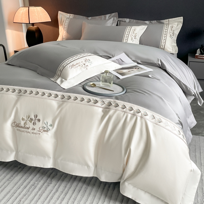 91家纺网 家纺一手货源 找家纺 桃园 2025新款全棉长绒棉刺绣绣花四件套-西西里系列 绅士灰