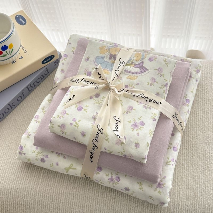 91家纺网 家纺一手货源 找家纺 2025新款双层纱印花卡通四件套-叠拍 花语兔