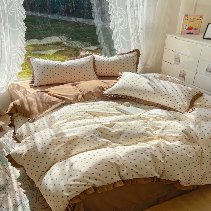 91家纺网 家纺一手货源 找家纺 欧尚 2025新款针织棉双层纱四件套 咖爱心