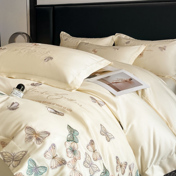 91家纺网 家纺一手货源 找家纺 欧乐蒂 2025新款A类亲肤棉刺绣四件套-蝶舞 蝶舞-柔白