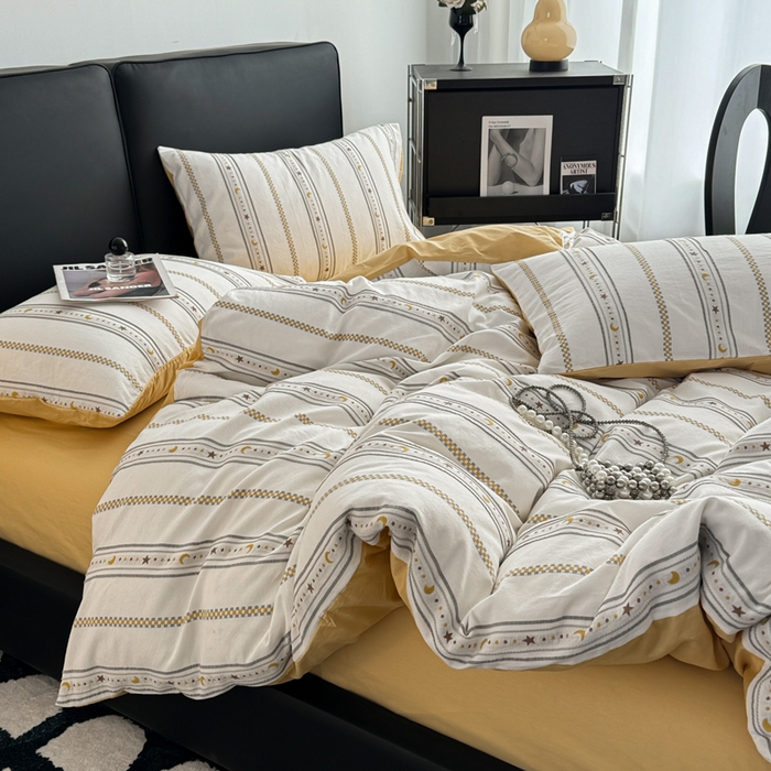 91家纺网 家纺一手货源 找家纺 简宜家居（朝初家纺） 2025新款40支全棉提花四件套（简川-星辰系列） 星辰-暖黄