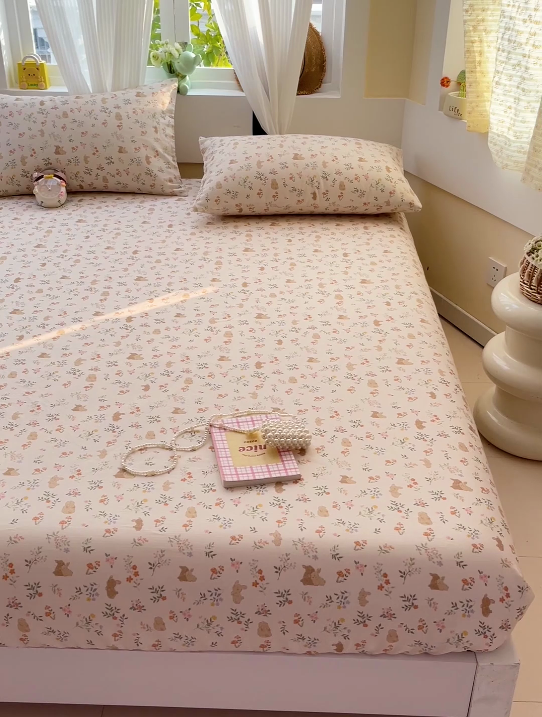 91家纺网 家纺一手货源 找家纺 名兮家居 2025新款全棉双层纱床笠 双层纱-乖乖兔